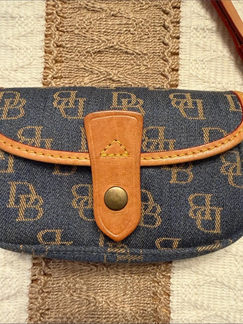 Dooney & Bourke Denim Monogram Wristlet with Tan Leather Trim